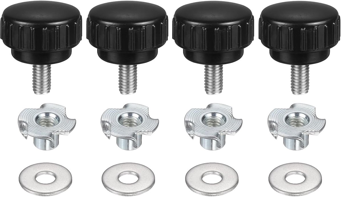 4 stuks M6 x 12 mm, gekartelde klemgrepen, kop 25 mm, met ringen en T-moeren