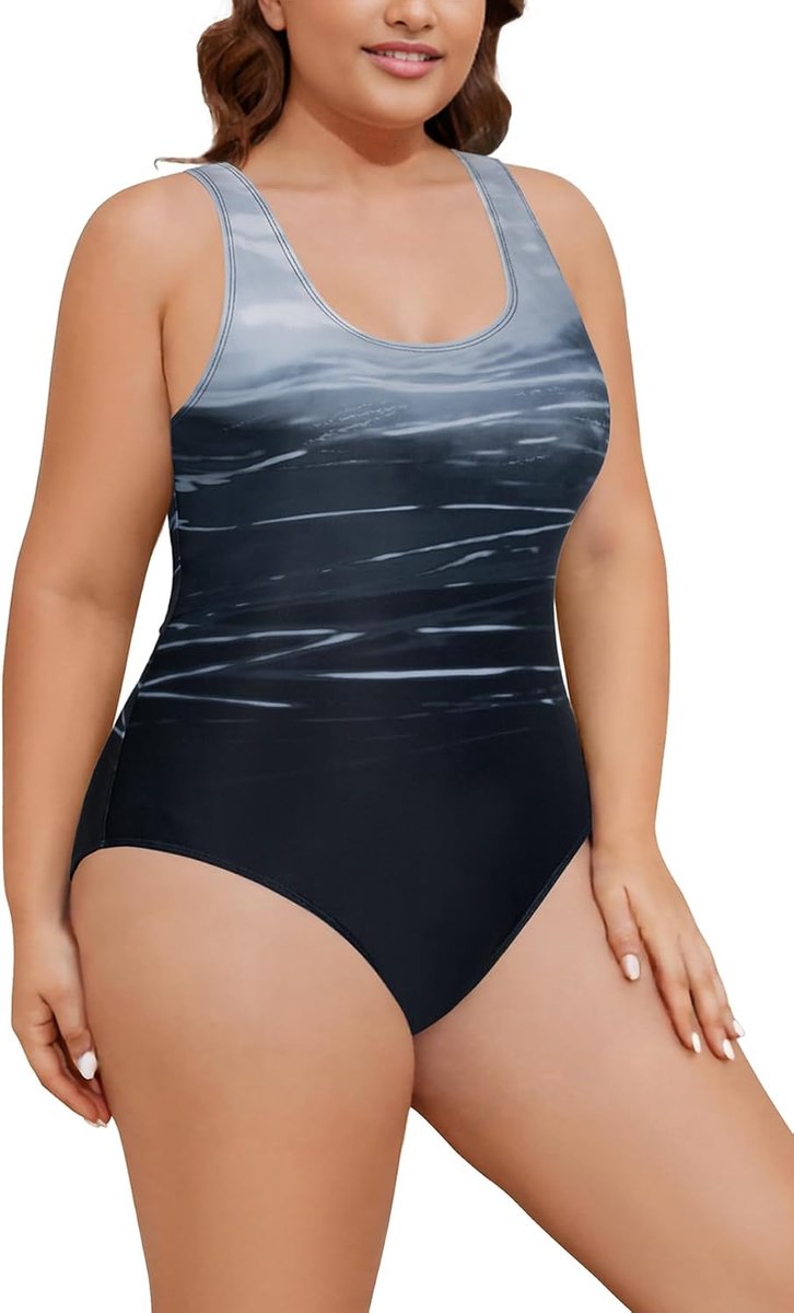 Badpak voor dames, grote maten, eendelig, sportbadpak, buikweg, gevoerde badjurk, shape, badmode, buikcontrole, U-hals, eendelig badpak