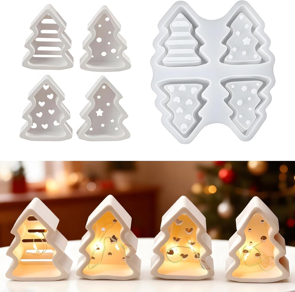 Gietvormen voor Kerstmis, siliconen gietvorm, kaarsvorm, Kerstmis, 4 stuks, kerstgipsvormen om te gieten voor theelicht en kleine gloeilamp, kleine kerstboomkaarsenhouder