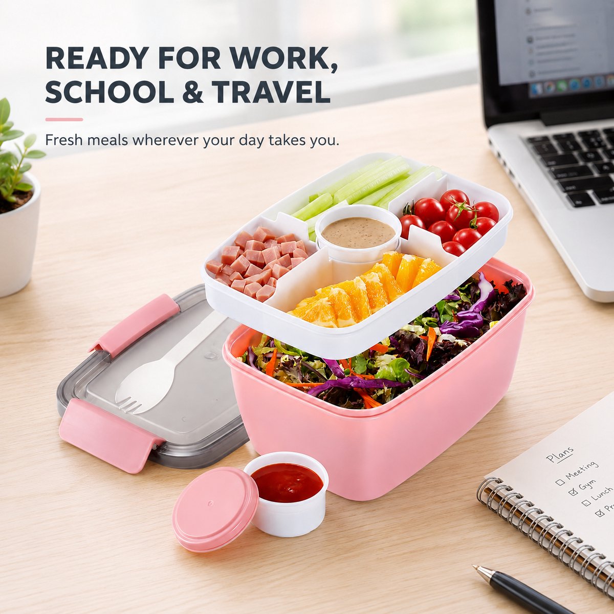 Bento Box voor Volwassenen-Luchtdichte Broodtrommel met 2 Lagen-2000ml Meeneem Lunchbox met Bestek-Lekvrije Salatobox-Roze