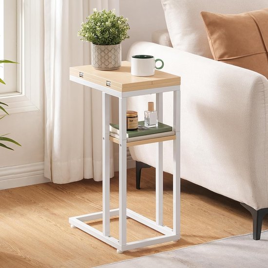 C-vormige bijzettafel, opklapbare banktafel, salontafel, snacktafel met opbergplank, smal nachtkastje voor woonkamer, slaapkamer, metalen frame, witte en houten afwerking EWN29SF01 — afbeelding 3