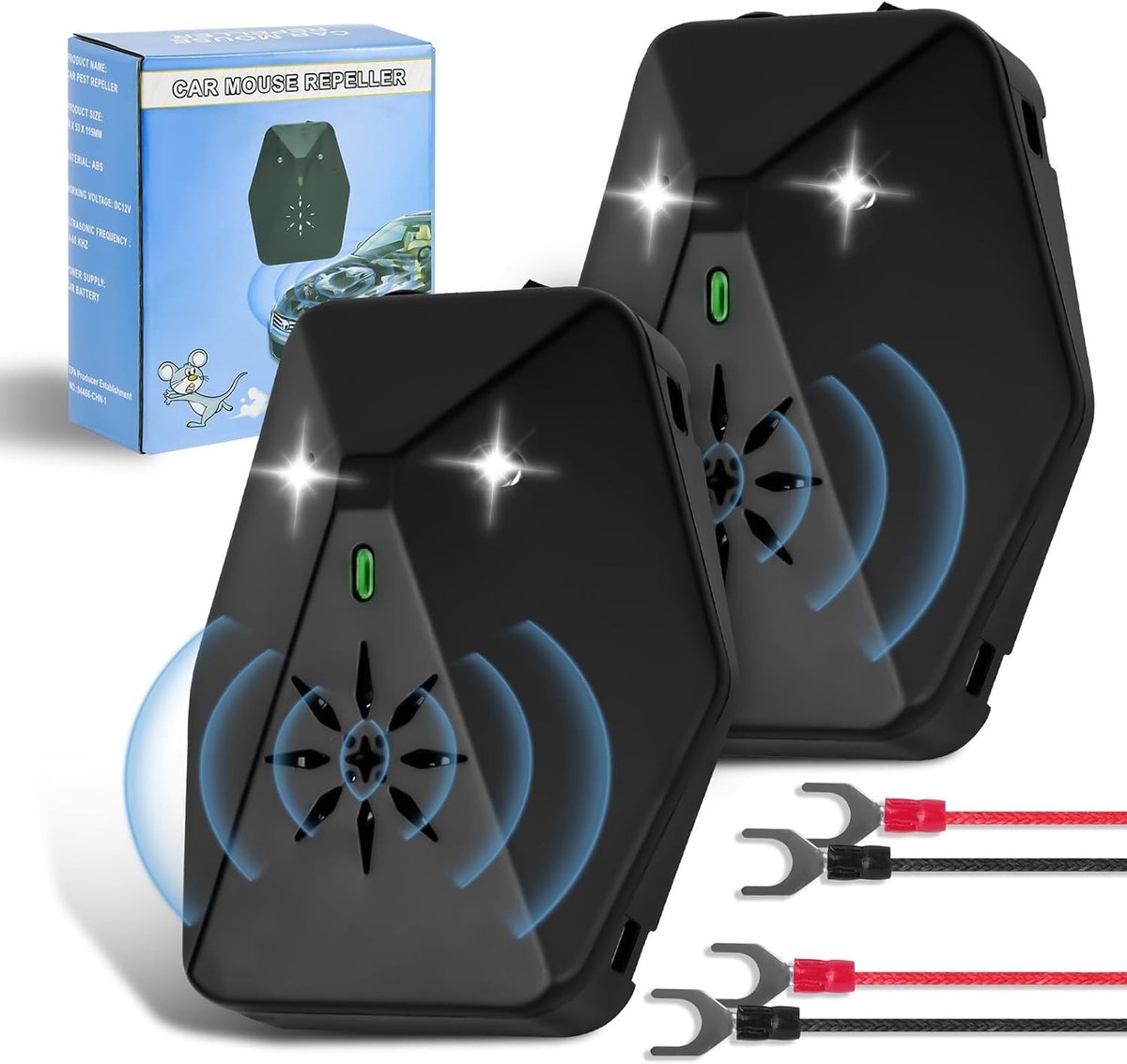 Thijox - Marterafschrikmiddel 2 stuks, Ultrasoon, Multifrequentie, Intelligent, Knipperlicht, Marterbescherming voor Auto en Motorcompartiment