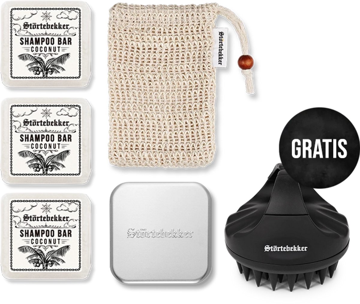 Störtebekker® Premium Douche Set Hair Kokos - Shower Set Heren met romige, tropische kokosgeur - 3x Vaste Shampoo (100g), Sisal Washandje, Zeepdoos & GRATIS Siliconen Hoofdhuidborstel - Vegan - Handgemaakt in Nederland