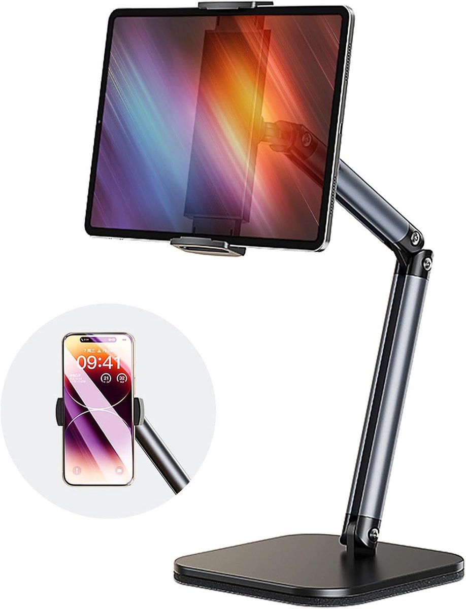 IPad-houder, tafel met instelbare hoogte en hoek, inklapbare tabletstandaard voor smartphones, iPhones, iPads, tablets (10,5 - 32,9 cm)