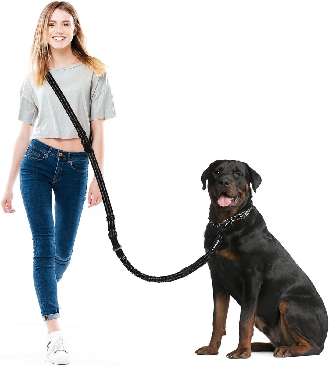 Handsfree Hondenriem - Zwart - 121-164 cm - Verstelbare Nylon Looplijn met Reflectie - Voor Grote Honden