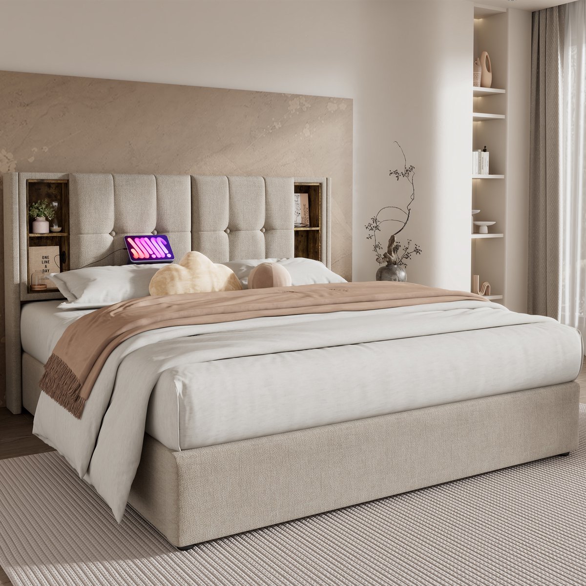 Bedframe - 180x200 Cm - Bed - Met Opbergruimte - LED - USB C - Naturel - Zonder Matras