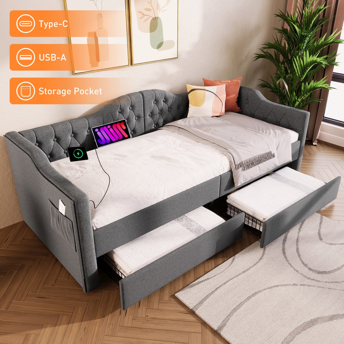 Bedbank - 90x200 Cm - Bed - Met Lattenbodem - Met Opbergruimte - USB C - Grijs - Zonder Matras