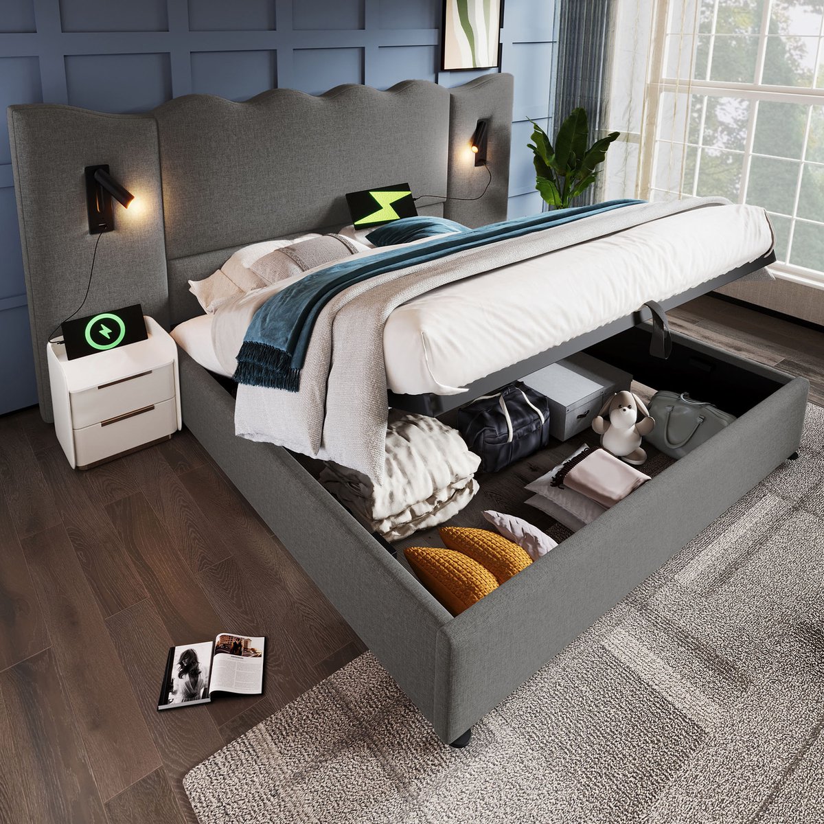Bedframe - 180x200 Cm - Bed - Met Lattenbodem - Met Opbergruimte - USB C - Grijs - Zonder Matras