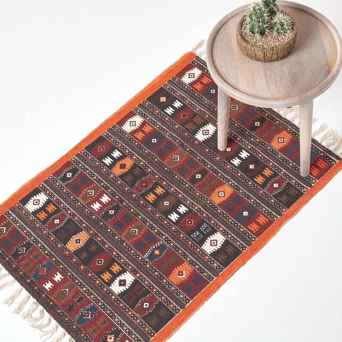 Tapijt, handgeweven van katoen, 60 x 90 cm, kleurrijk katoenen tapijt met geometrisch patroon en franjes