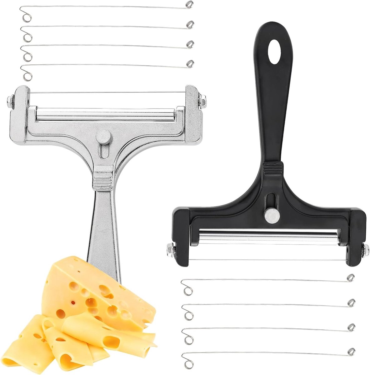 2-delige roestvrijstalen kaasschaaf, verstelbare kaasschaaf met 8 vervangbare draden, handzame cheddarsnijder voor gruyère, raclette, mozzarella en boter (Zilver en Zwart)