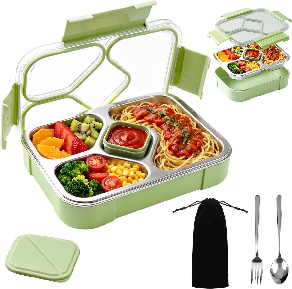 1020 ml roestvrijstalen broodtrommel voor kinderen en volwassenen met 4 vakken met saushouder, lunchbox met lepel, vork en opbergtas, lekvrije bentobox voor kantoor, school, picknick