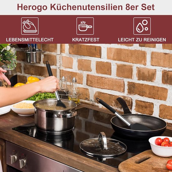 Spatel, kooklepelset, siliconen keukengerei keukenhulp voor koken, kookbestek, kookgerei met roestvrijstalen handgreep, duurzaam en vaatwasmachinebestendig, zwart, 8 stuks — afbeelding 3