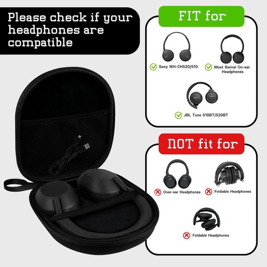 Compatibel met JBL Tune 510BT/520BT/670NC Live 460NC, met Sony WH-CH520/510, Draagbare reis-etui voor draadloze On-Ear-hoofdtelefoons, Hoofdtelefoonhoes Over-Ear (Zwart) van compatibel — afbeelding 5