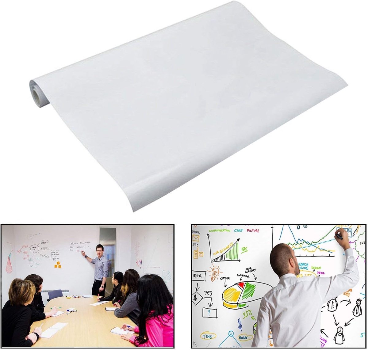 Magnetisch whiteboard muursticker, whiteboard sticker muurpapier voor school, kantoor, woning, 45 x 200 cm (wit)