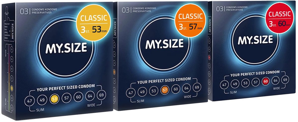 MY.SIZE Classic condooms 3-delig proefverpakking I 53, 57, 60 mm breed I 3x3 stuks premium condooms extra dun I condooms true to touch gossamer I dunne 0,07 mm wanddikte I condooms veganistisch