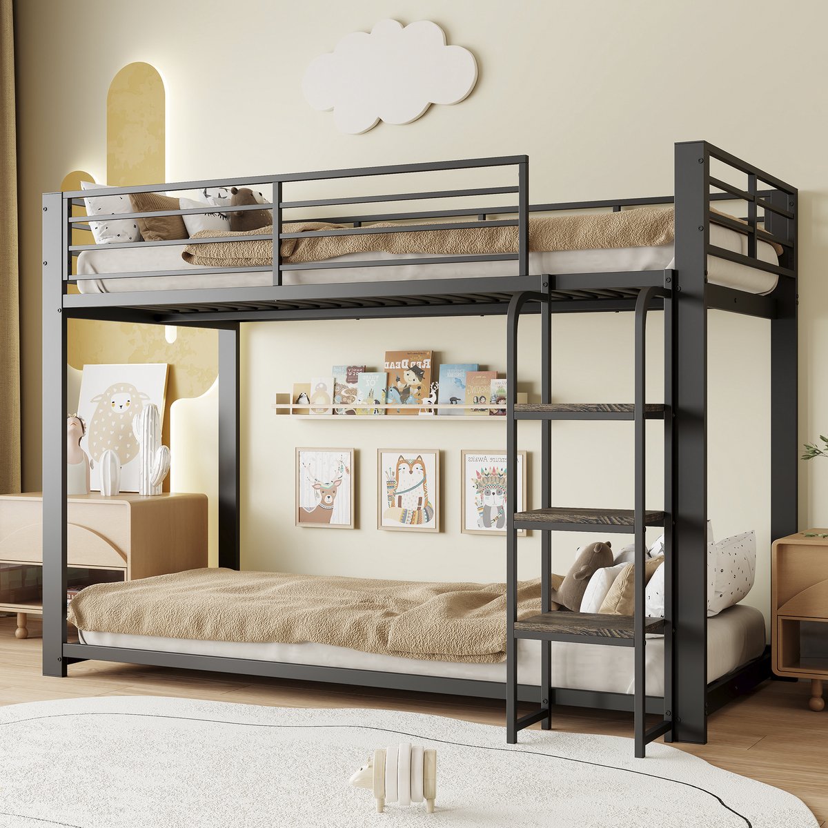 Stapelbed 90*200 cm, Metalen Stapelbed Voor Kinderen, Tweepersoons Stapelbed Met Houten Plank En Ladder, Hoge Valbeveiliging, Zwart