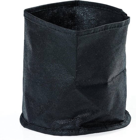 Een ronde zwarte vijvermand gemaakt van robuust, verrottingsbestendig textiel tegen een witte achtergrond.