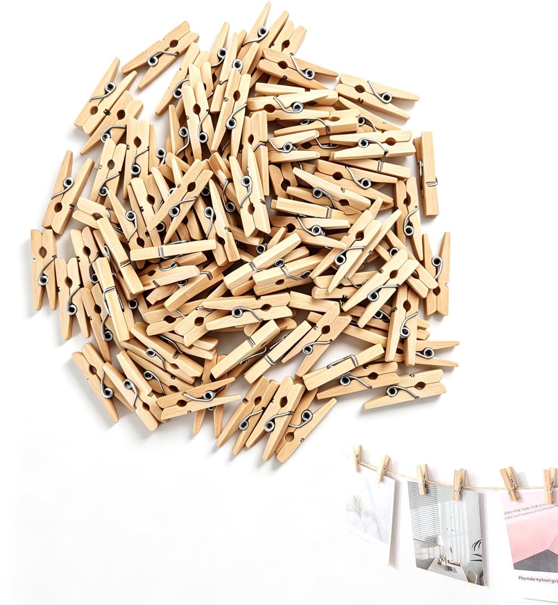 Omgoods - Set van 100 Mini Wasknijpers van Licht Hout voor Handwerk en Fotodecoratie