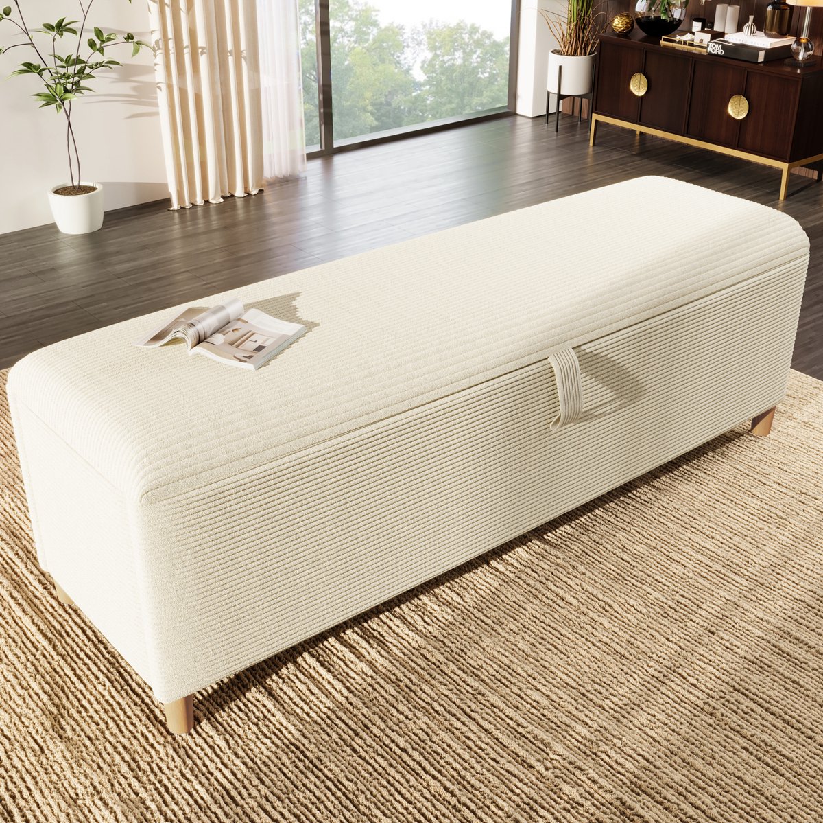 Wishdor Bedbank met opbergruimte - Hydraulische opening - Extra zachte cord stof - Beige - Voor slaapkamer woonkamer hal - Hout - 165 x 38 x 46 cm