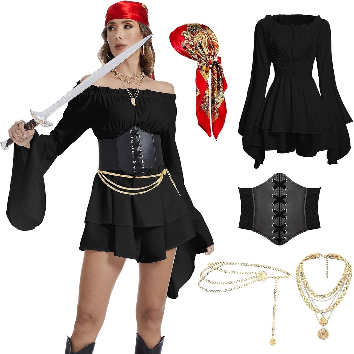Middeleeuwse Piratenoutfit voor Dames met Korset, Hoofddoek en Sieraden voor Carnaval en Feestjes