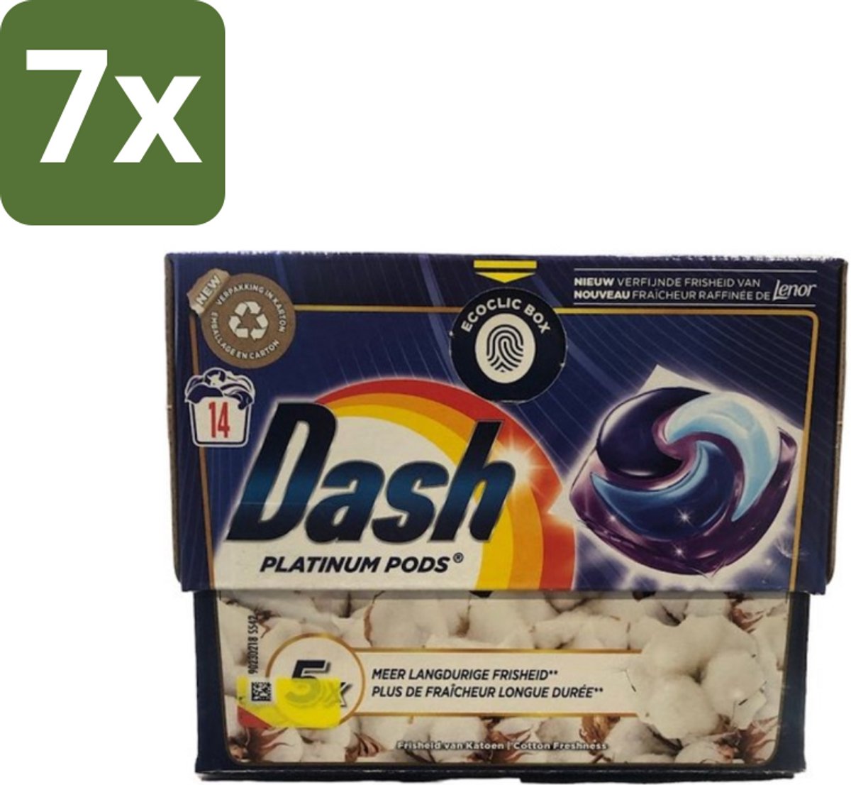 Dash Platinum - Wasmiddel Capsules - Witte en Gekleurde Was - Frisheid van Katoen - 14 Wasbeurten - Bulkverpakking - 7 stuks