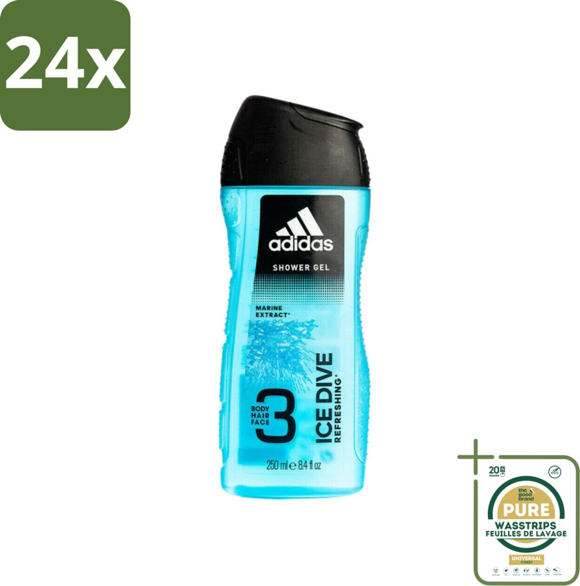 Adidas - 3-in-1 Douchegel - Ice Dive Refreshing - Marine Extract - 250 ml - Voordeelverpakking - 24 stuks - 2-in-1 - Lichaam en haar