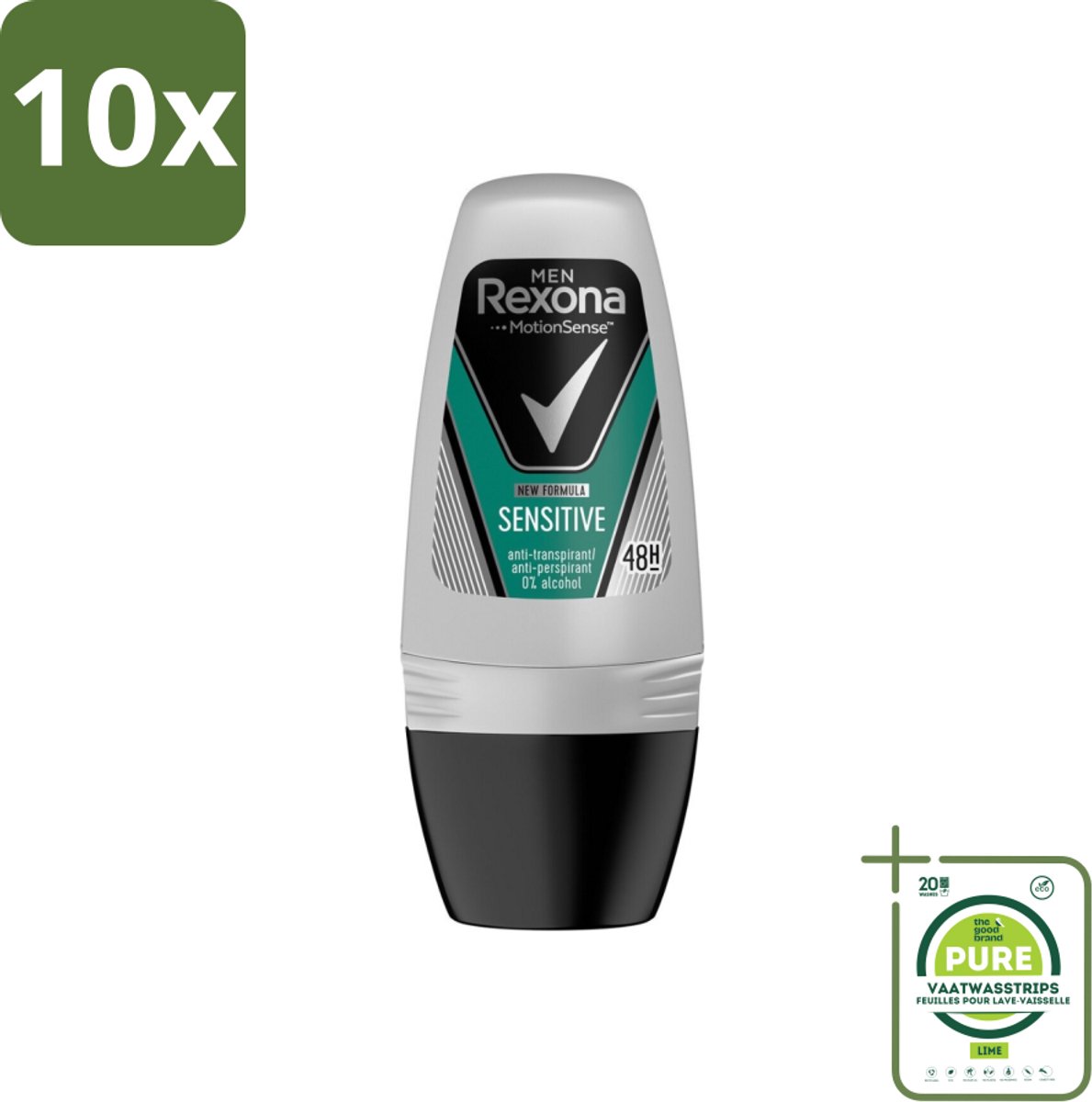 10 x Rexona Men - Sensitive - Deo Roll-on - Anti-transpirant - 50 ml - Grootverpakking - Deodorant Voor Gevoelige Huid - Mannelijke Deodorant - Roll-on Deodorant - Anti-transpirant - Zweetvermindering