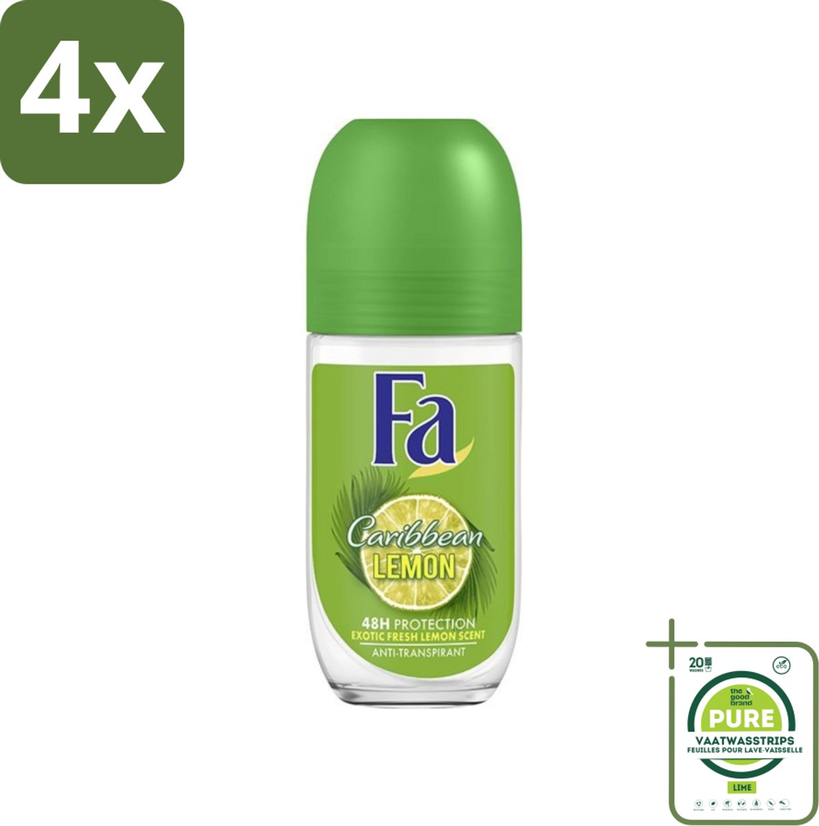 Fa - Deodorant Roller - Caribbean Lemon - Verfrissend - 48 uur Bescherming - Citrusachtig - 50 ml - Voordeelverpakking - 4 stuks - 48 uur bescherming - Caribische citroen