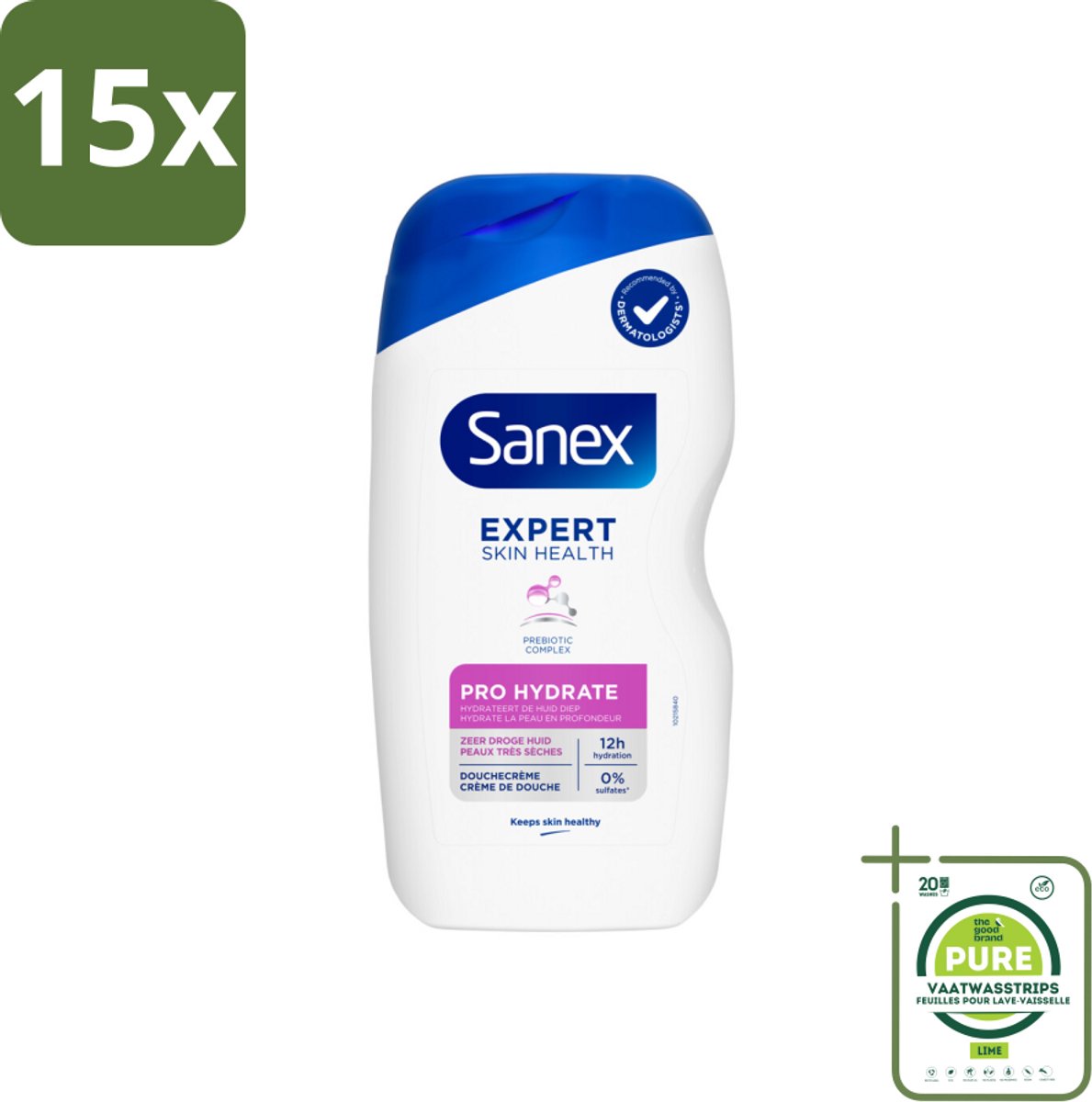 15 x Sanex Douchegel Expert Skin Health Pro Hydrate 400 ml - Grootverpakking - Droge Huid - Hydratatie - Glycerine - Inuline - Huidverzorging