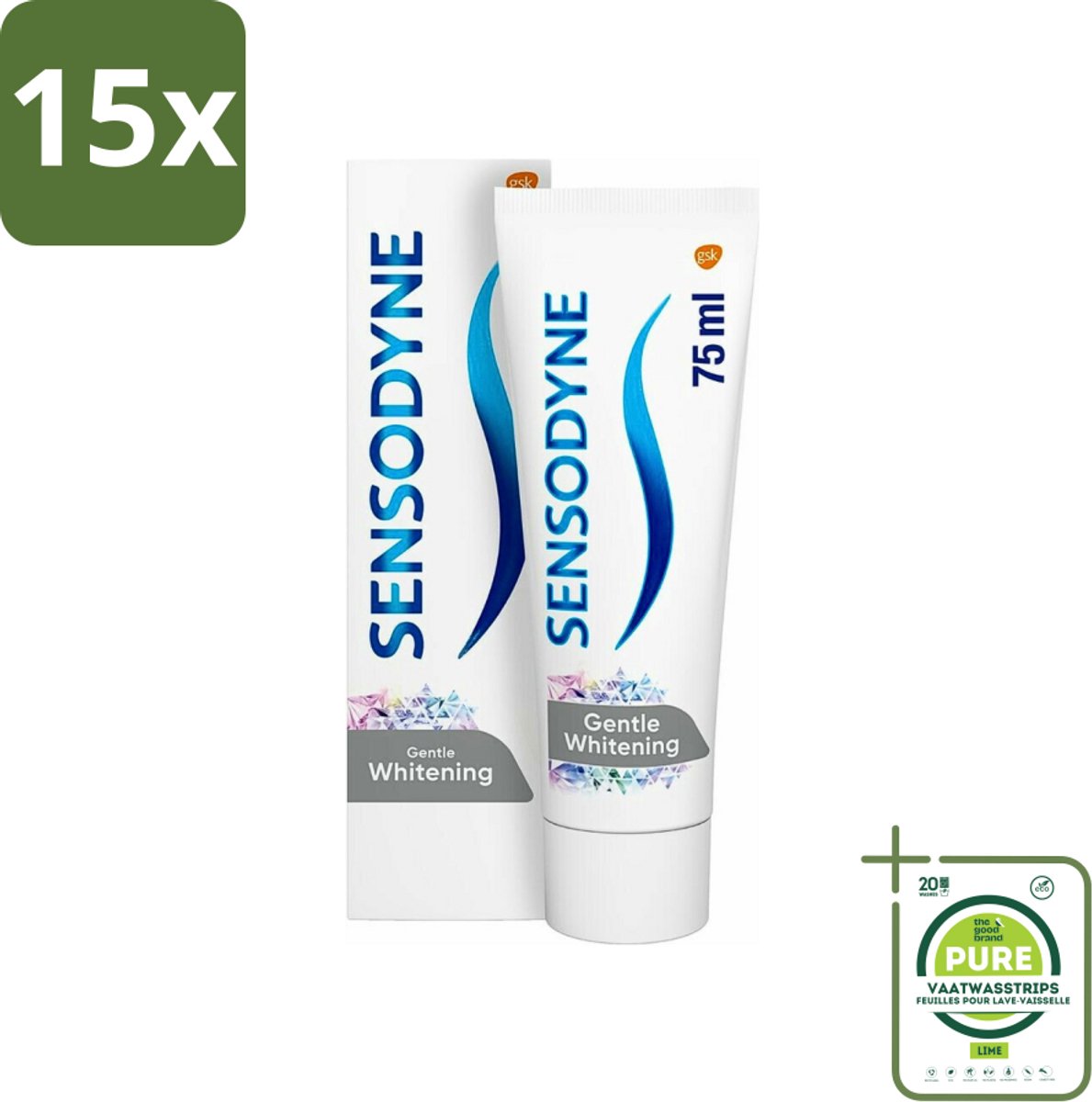 15 x Sensodyne - Tandpasta - Gentle Whitening - Milde Reiniging - 75 ml - Grootverpakking - Gevoelige Tanden - Tandpasta - Witte Tanden - Glazuur Beschermen - Gevoeligheid Verlichten