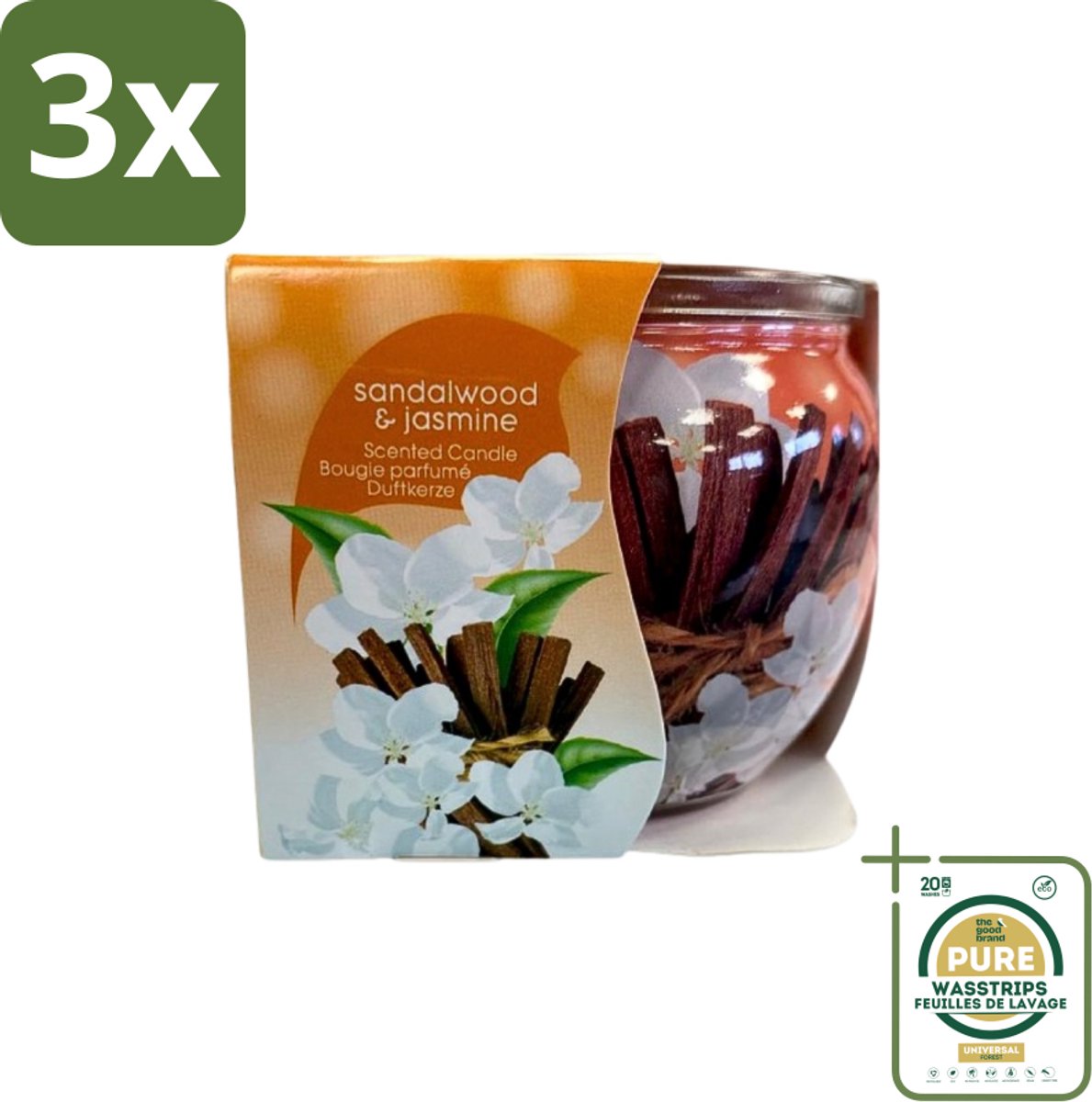 3 x At Home - Scents - Geurkaars - Sandalwood & Jasmin - 70 g - Grootverpakking - Geurkaars - Sandelhout - Jasmijn - Thuisgeur - Rustgevende Geur