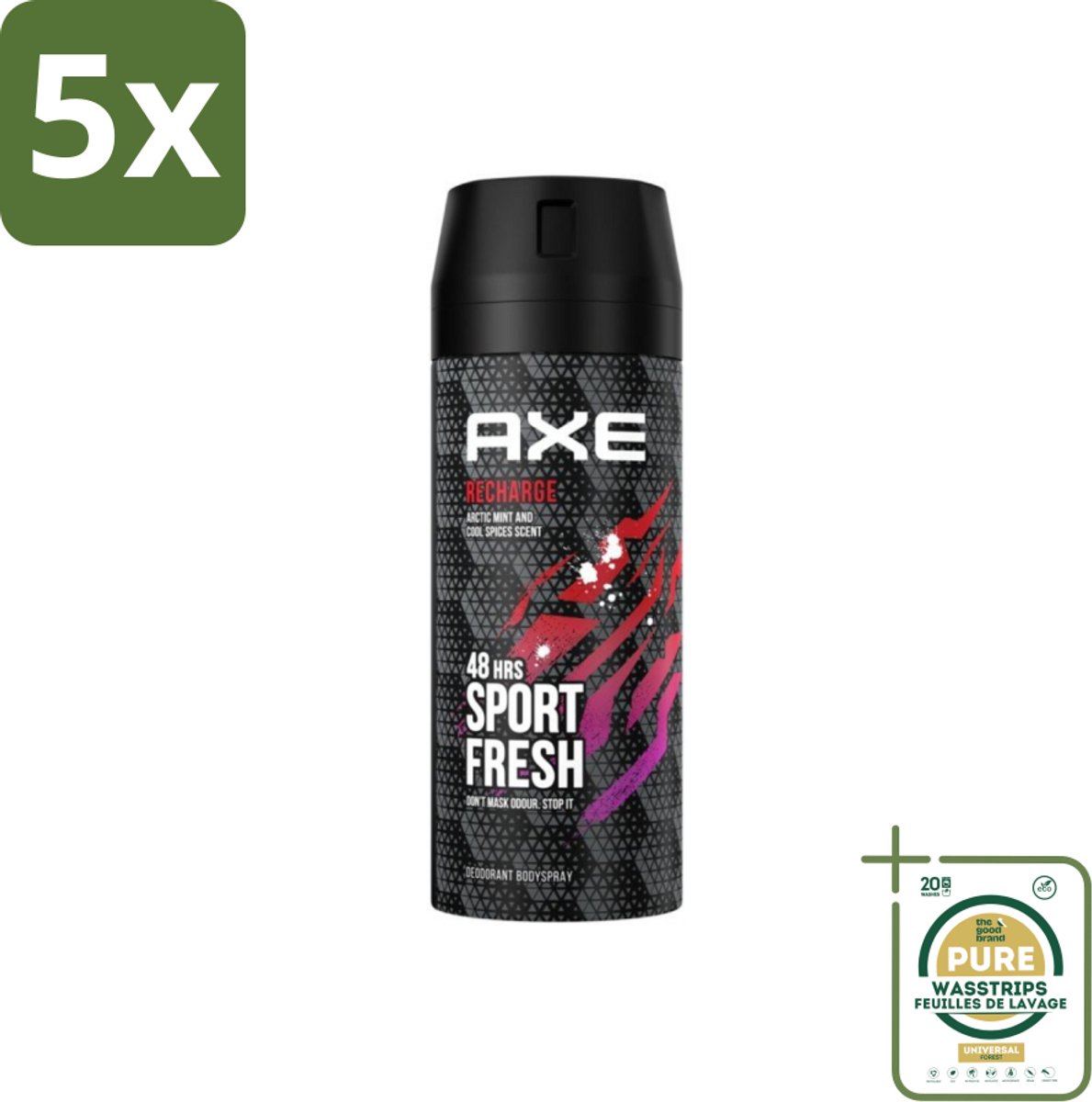 5 x Axe - Deodorant Bodyspray - 48hrs Sport Fresh - Recharge - Arctic Mint & Cool Spices - 150 ml - Grootverpakking - Axe Deodorant - Sport Fresh - Deodorant Bodyspray - Axe Recharge - Axe Ice Chill