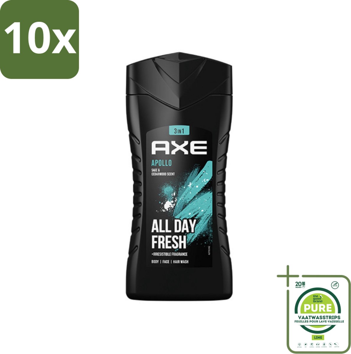 10 x Axe - 3-in-1 Douchegel - Apollo - Sage & Cedarwood - 250 ml - Grootverpakking - Douchegel - Mannelijke Geur - 3-in-1 - Cederhout - Groen Fruit