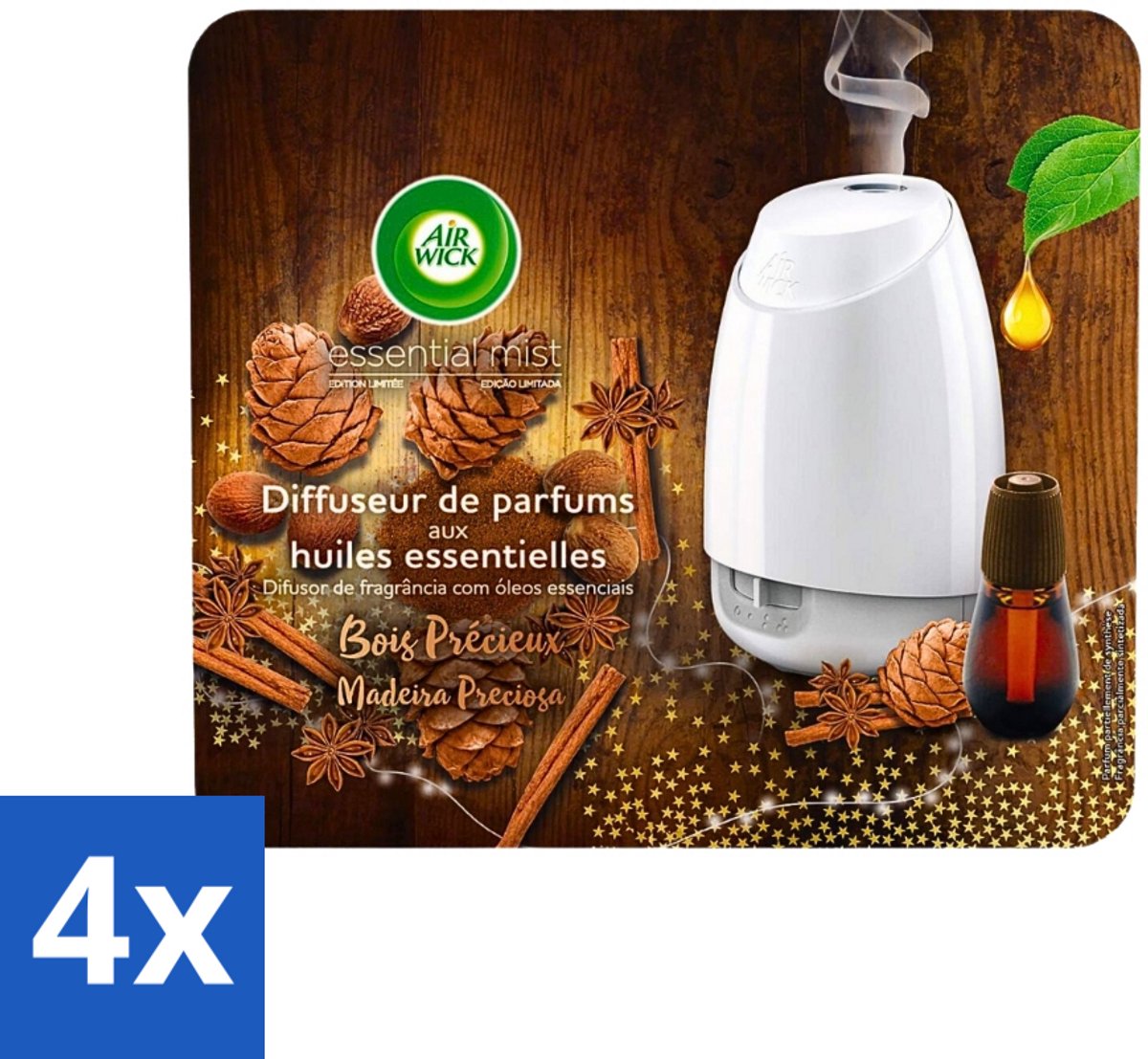 4 x Air Wick Essential Mist - Starterkit - Edelhout - 20ml - Geurverspreider - Essentiële Oliën - Kostbaar Hout - Geurdiffuser - Luchtverfrisser