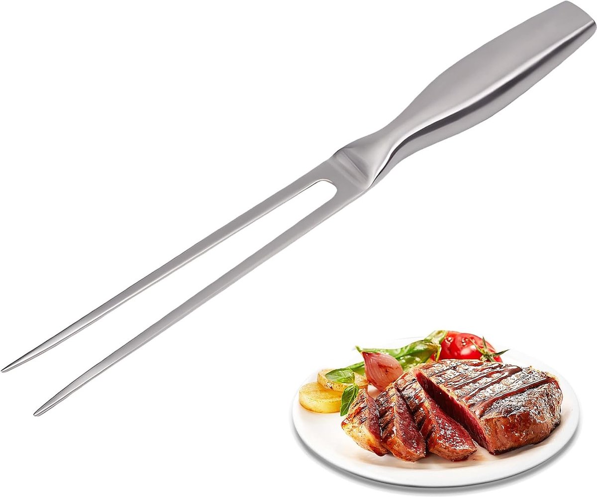 RVS vleesvork van 27 cm met ergonomisch handvat, antislip en comfortabel, scherp voor grillen en barbecueën, ideaal voor de keuken en barbecuefeestjes