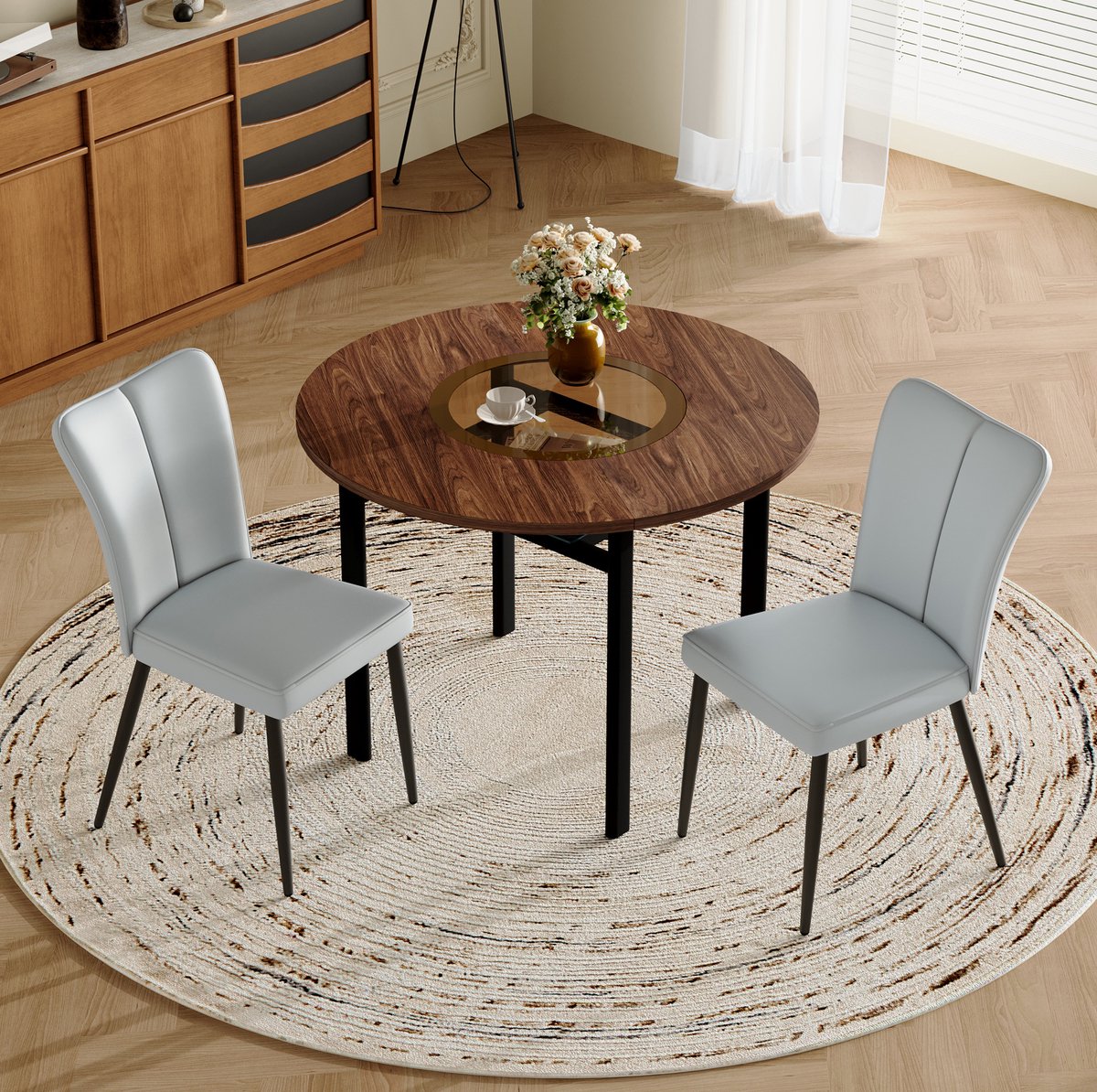 Wishdor Ronde eettafelset met 2 stoelen - Modern - Houtlook tafelblad met glasinleg - Lichtgrijs en zwart - 100 cm