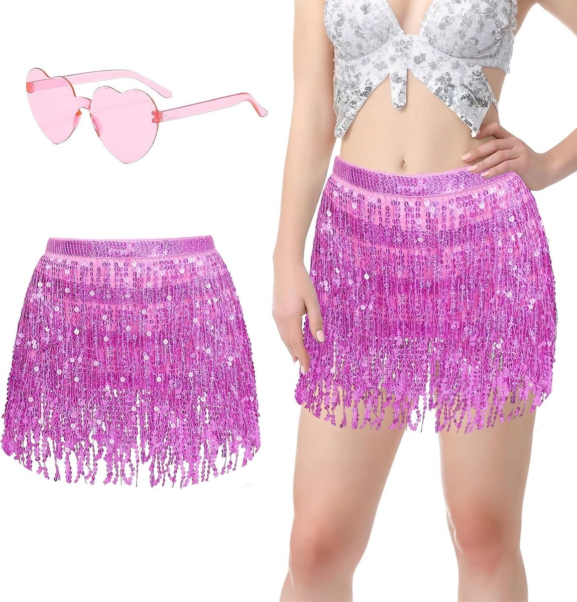 Glinsterende Pailletten Rok en Bril Set voor Carnaval Kostuums voor Vrouwen, Feestoutfit en Accessoires
