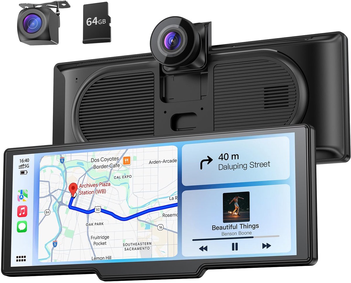 9,26 inch draadloos draagbaar Car Play display met 4K voor- en HD-achteruitrij-dual dashcam voor Apple CarPlay & - ShopVlot