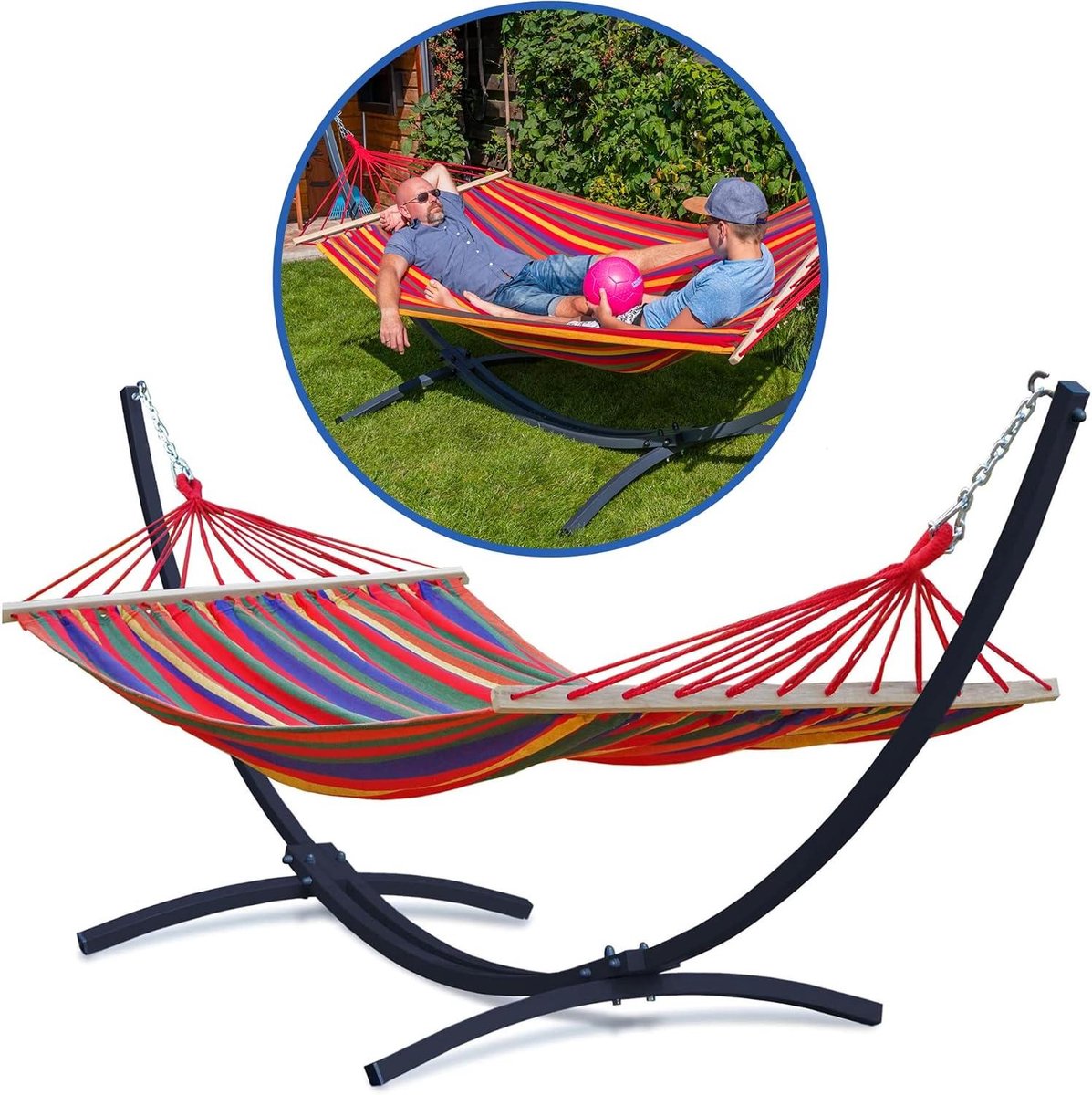 Hangmat met standaard - Dubbele hangmat - Ontspannen in de tuin - Stabiel metalen frame - 220 kg capaciteit