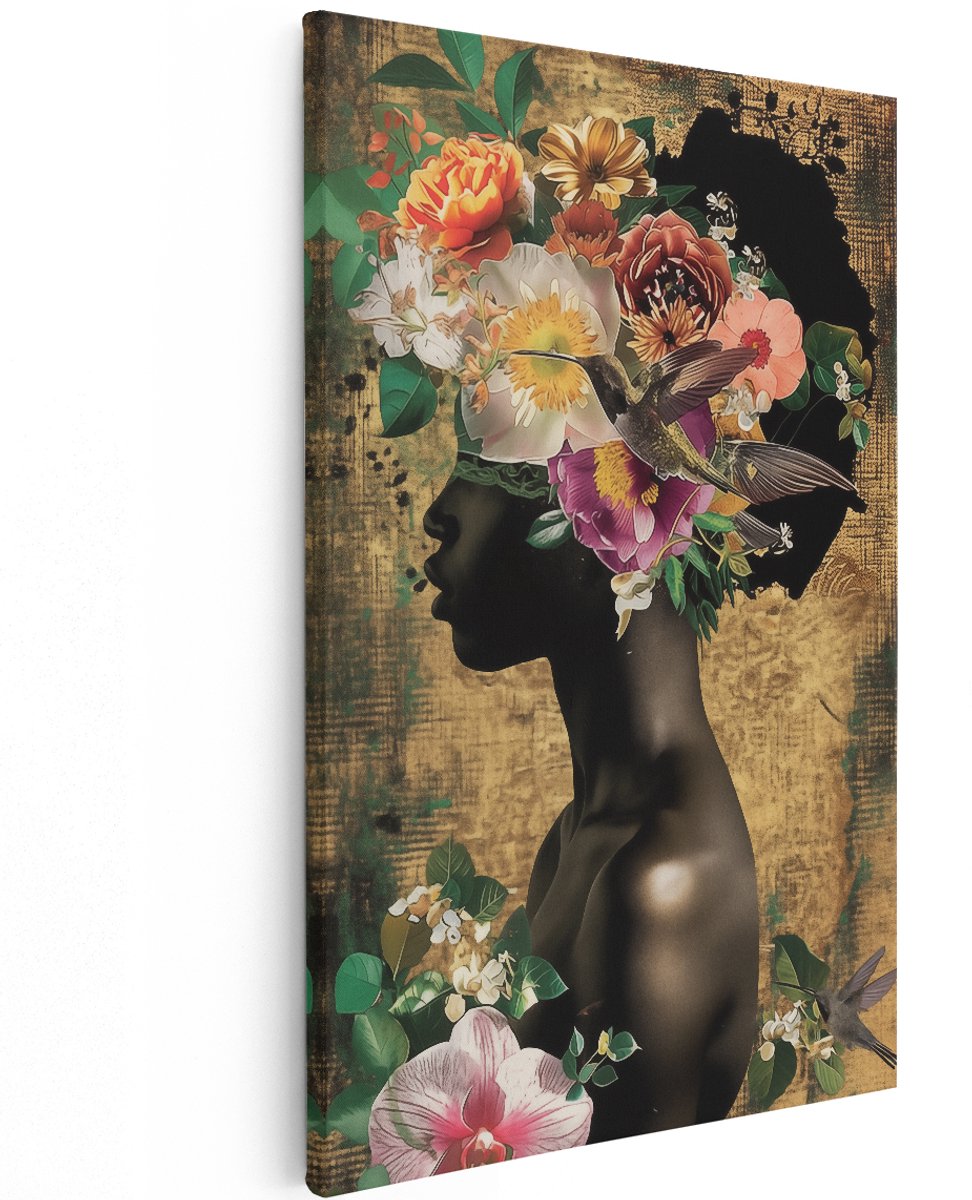 Artaza Canvas Schilderij Vrouw met Bloemen op haar Hoofd - Bloemen - 100x150 cm - Groot - Wanddecoratie Woonkamer - Schilderijen - Muurdecoratie