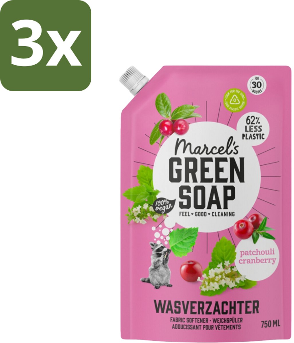 Marcel’s Green Soap – Wasverzachter – Patchouli & Cranberry - Navulling – 750 ml - Bulkverpakking - 3 stuks