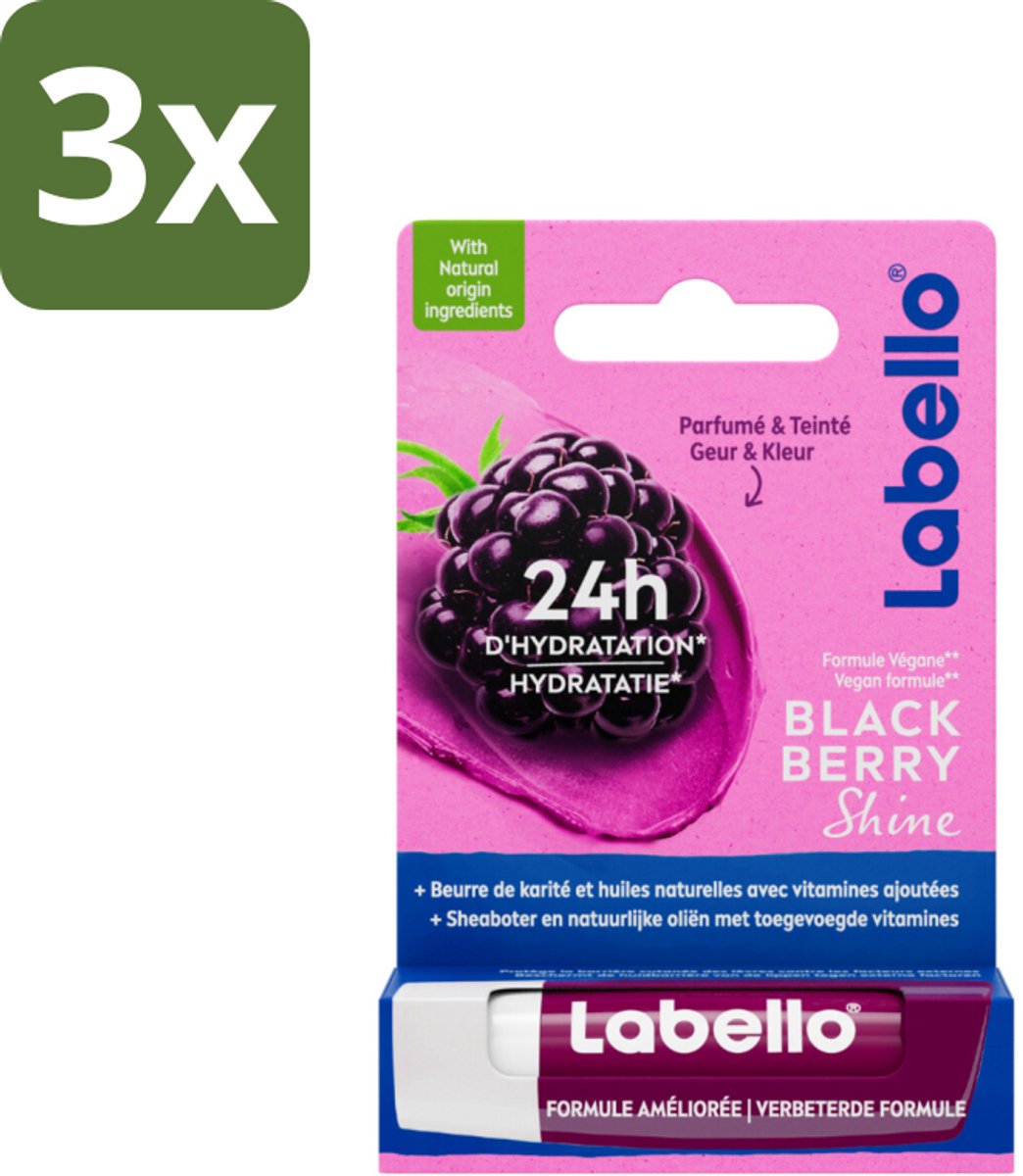 Labello – Lippenbalsem – Blackberry Shine – Lippenbalsem – Shea Boter & Jojoba Olie – 5,5 ml - Bulkverpakking - 3 stuks