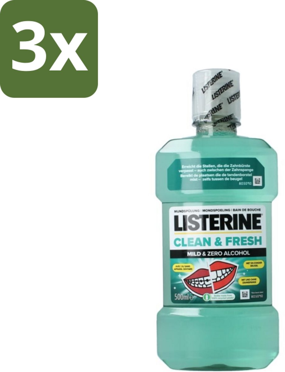 Listerine – Mondwater – Clean & Fresh – Zonder alcohol – 500 ml - Bulkverpakking - 3 stuks