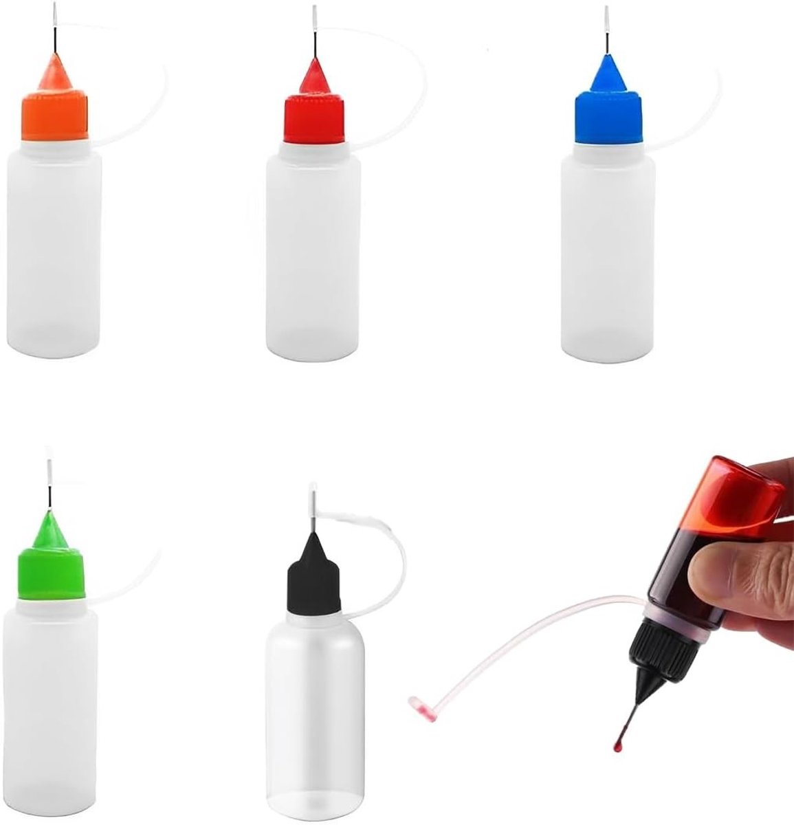 10 ml Lijmfles met Naaldtip Applicator voor DIY-projecten - Perfect voor Knutselen en Modelbouw in Zwart, Rood, Oranje, Blauw en Groen