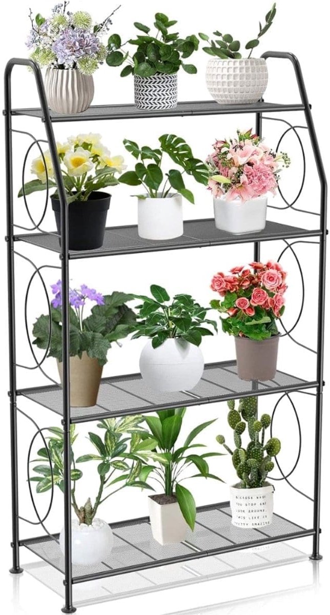 Klarven® Plantenladder Zwart - Voor Binnen en Buiten - 4 Etages Plantenrek, Stabiel Metalen Frame, Tijdloos Design - B 28 x D 66 x H 117 cm