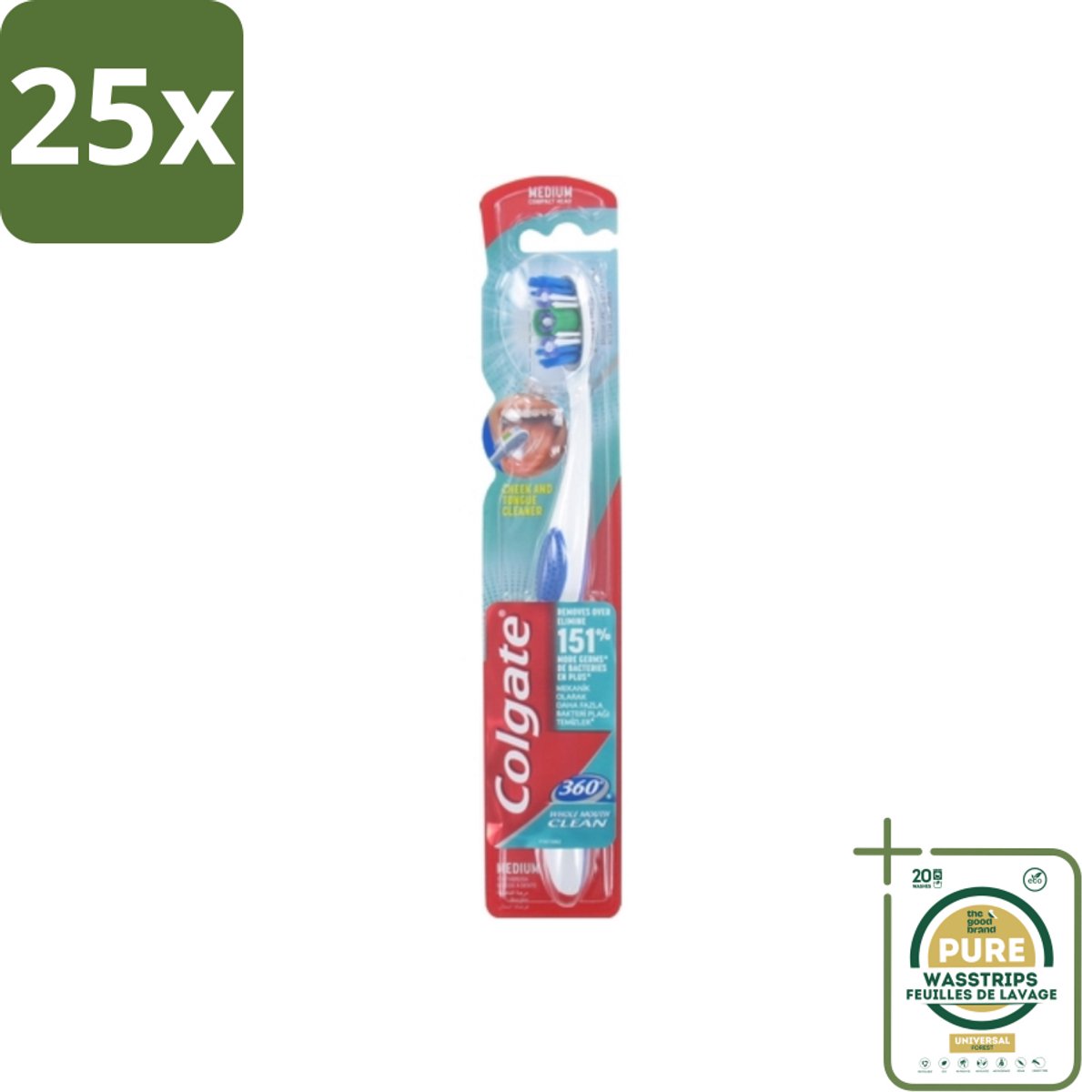 25 x Colgate - Tandenborstel - 360 Whole Mouth Clean Medium - Wit/Blauw - 1 Tandenborstel - Grootverpakking - Tandenborstel - Mondhygiëne - Tandenpoetsen - Bacteriën - Tandplak