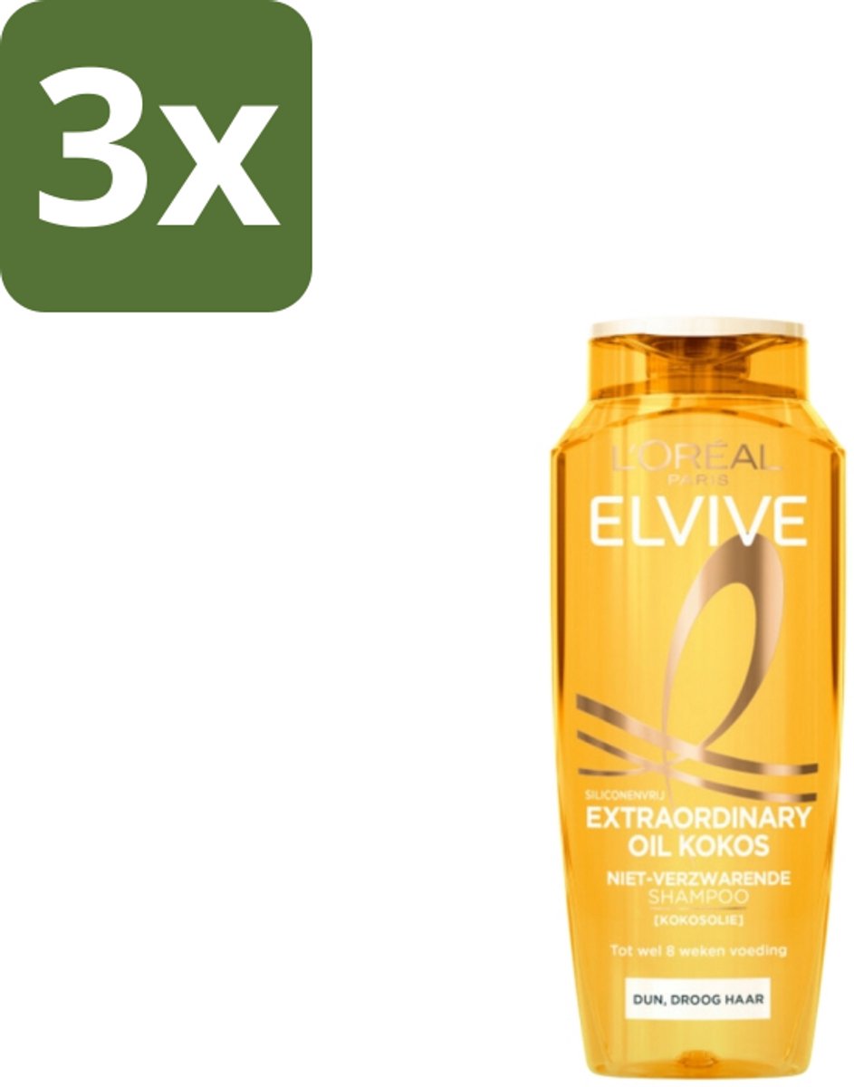 3 x L'Oréal Elvive Extraordinary Oil Shampoo Kokos 250 ml - Shampoo Voor Fijn Haar - Voeding Zonder Verzwaren - Kokosolie Shampoo - Siliciumvrije Shampoo - Droog Haar Verzorging