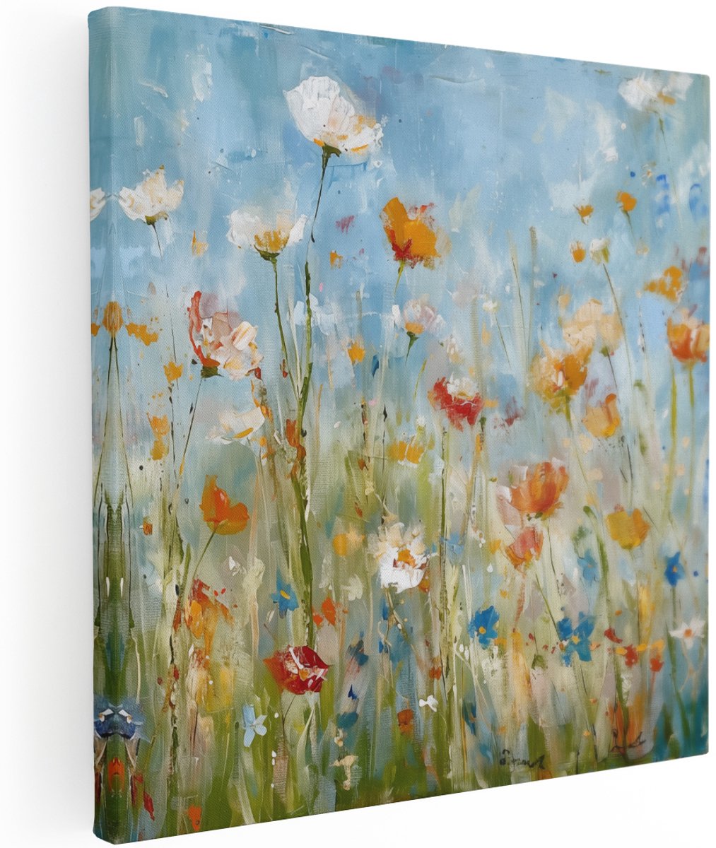 Artaza Canvas Schilderij Kunstwerk van Bloemen in een Veld - Bloemen - 100x100 cm - Groot - Wanddecoratie Woonkamer - Schilderijen - Muurdecoratie