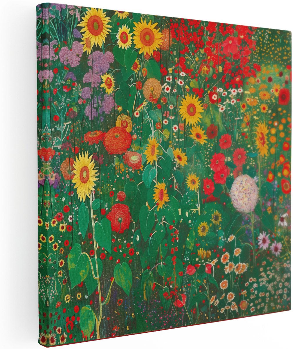 Artaza Canvas Schilderij Tuin met Zonnebloemen en Bloemen - 100x100 cm - Groot - Wanddecoratie Woonkamer - Schilderijen - Muurdecoratie