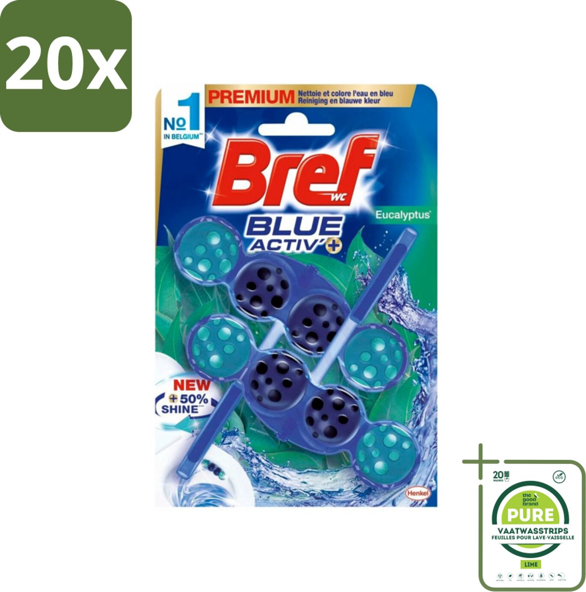 20 x Bref WC - Blue Activ' - Toiletblok - Eucalyptus - 2 Blokken - Grootverpakking - Toilet Schoonmaak - Toiletblok - Geur Neutraliserend - Toilet Fris - Anti-kalk
